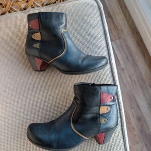 Rieker Black Ankle Boots with Red and Tan Highlights